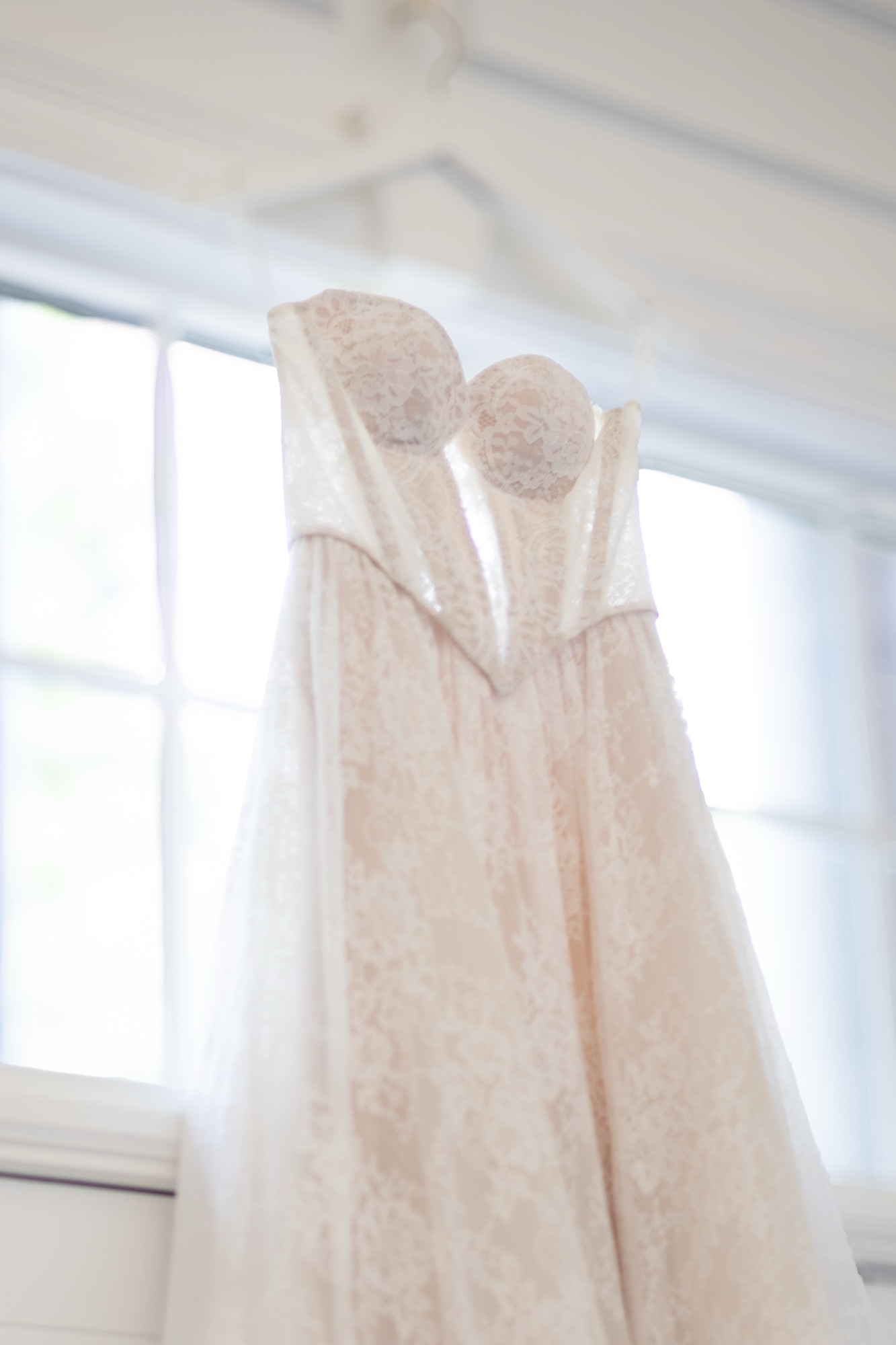 The dress hanging in the window light