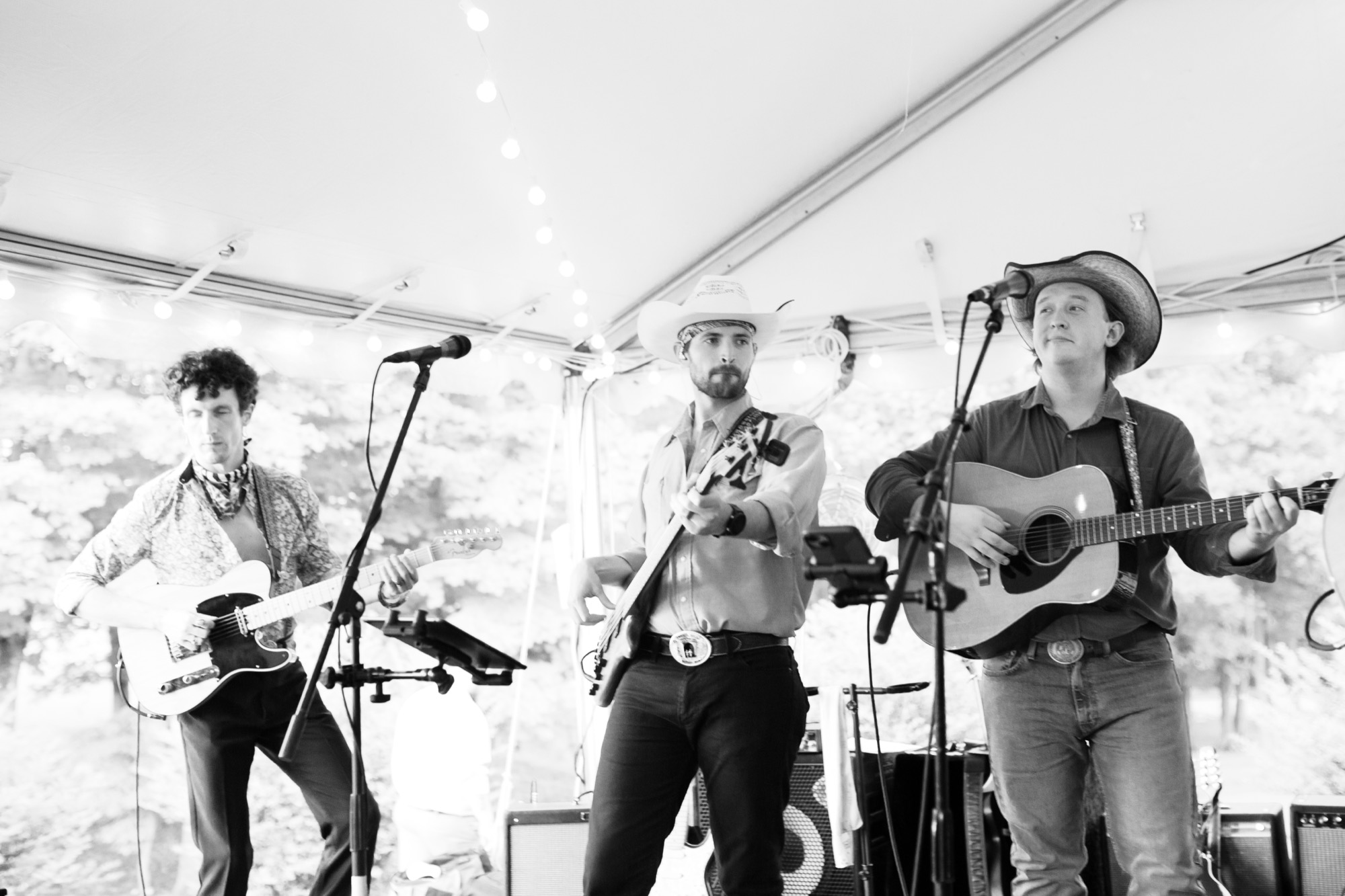 The band playing, in black and white
