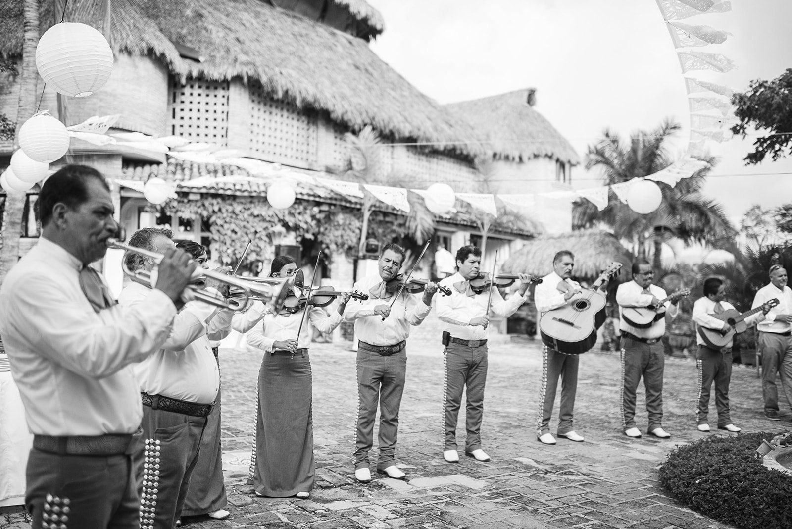 Mariachis playing in black and white