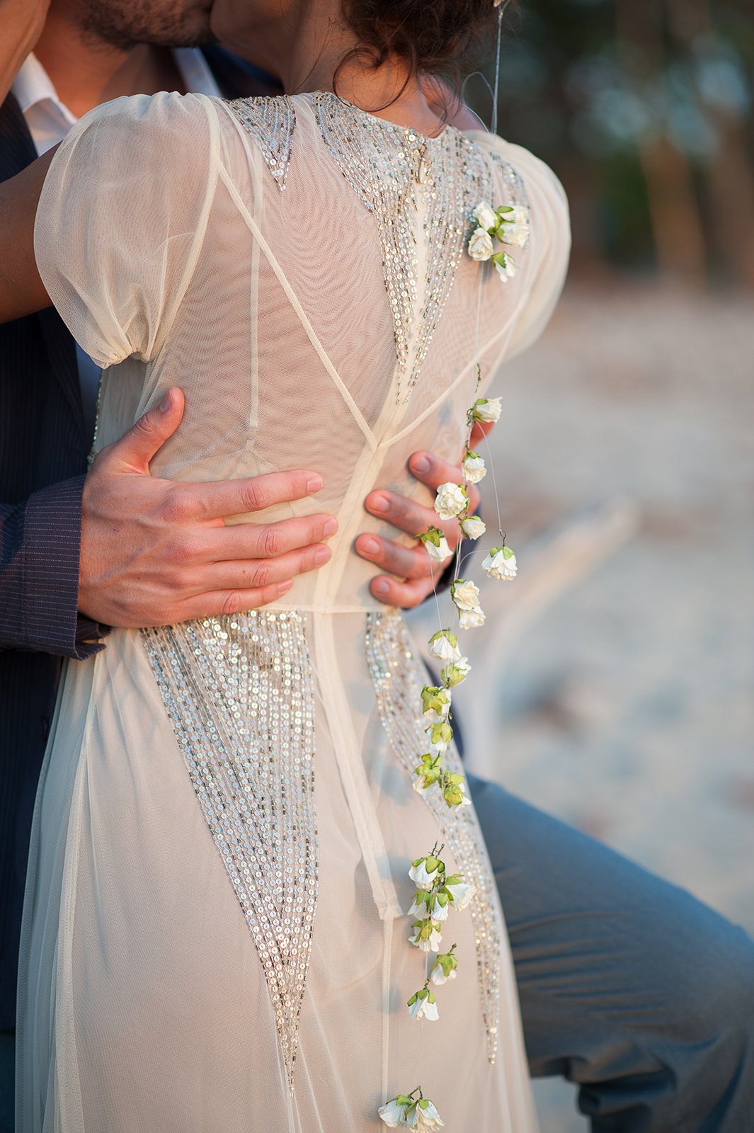 The back of the beaded gown