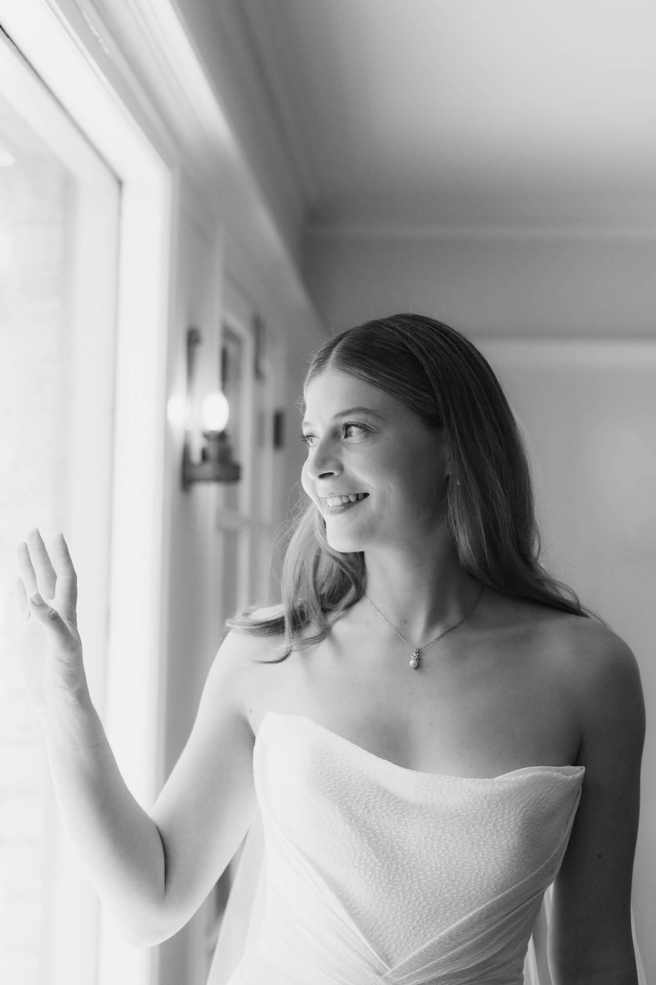 The bride at the window, in black and white