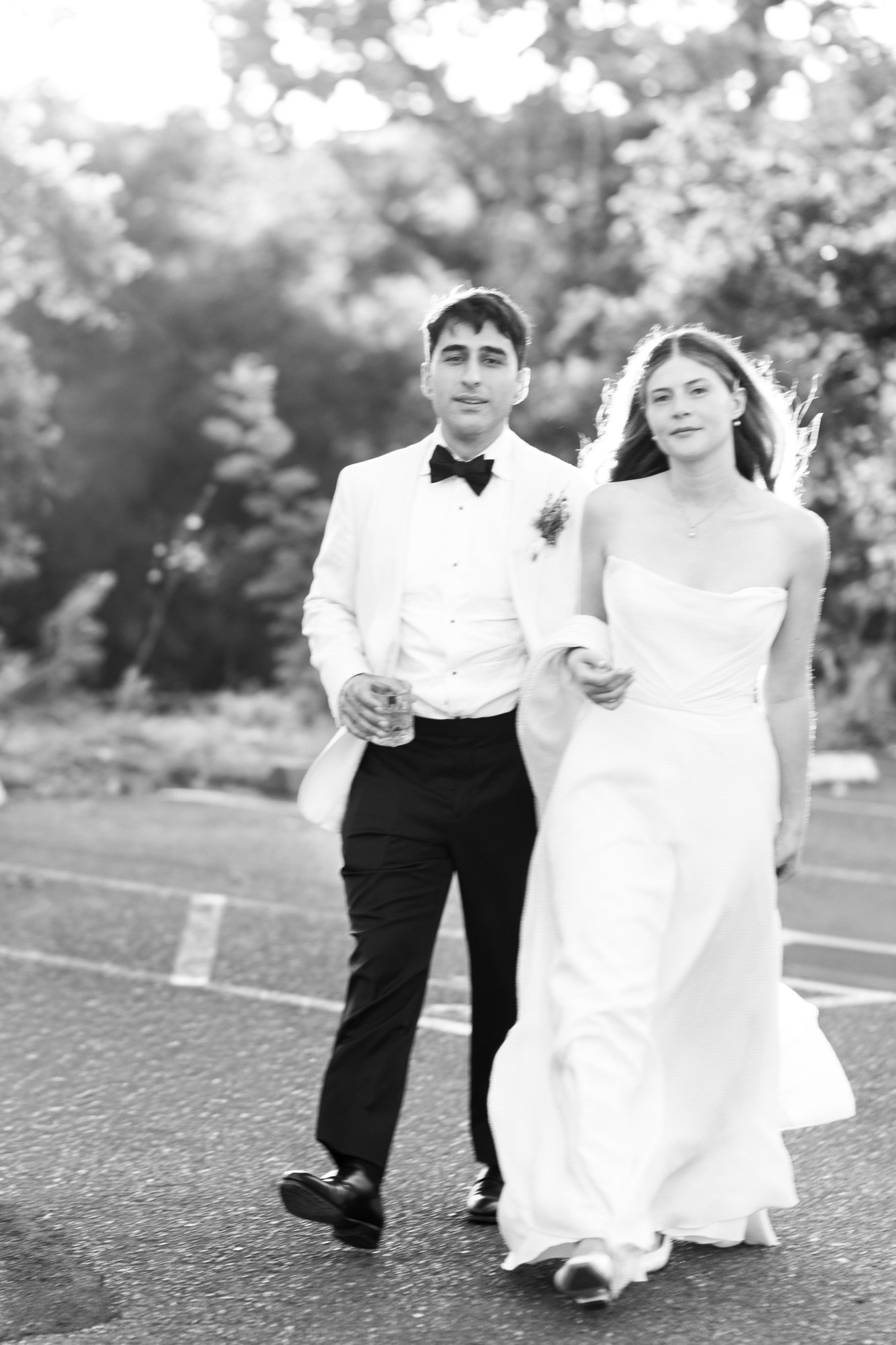 A couple walking in black and white