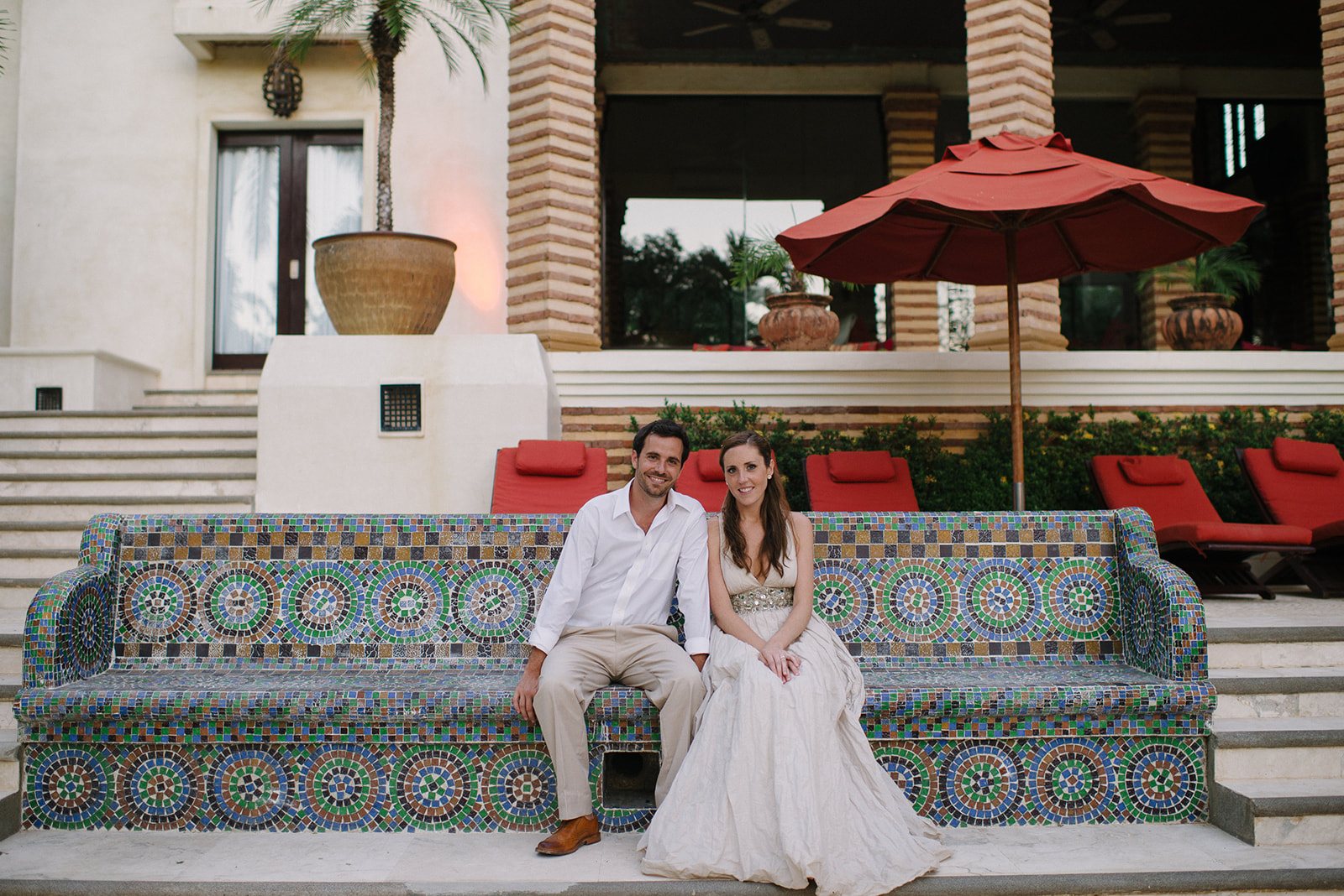 The couple on the tiled bench