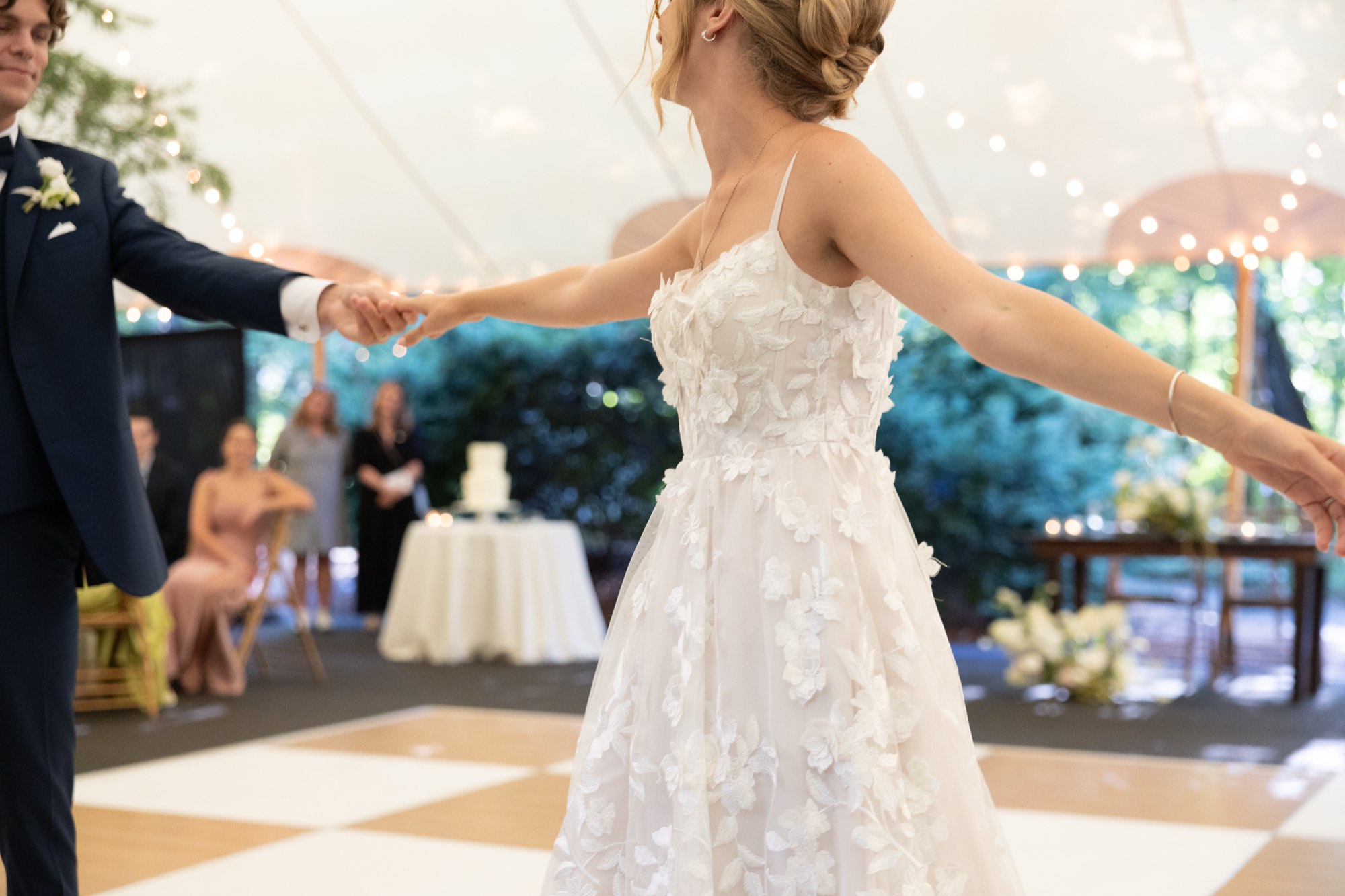 The bride twirling, dress flying