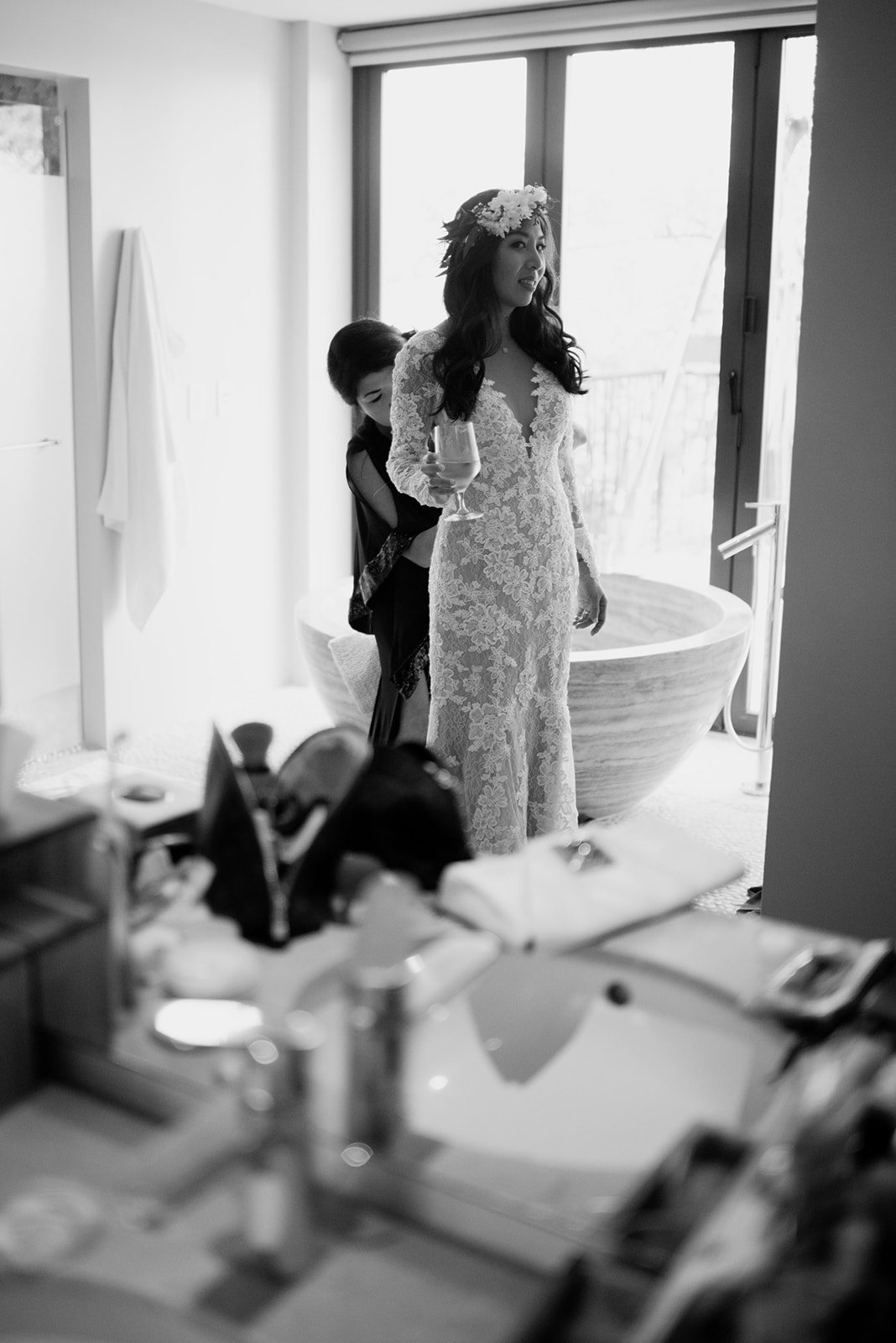 Getting ready in the suite, in black and white