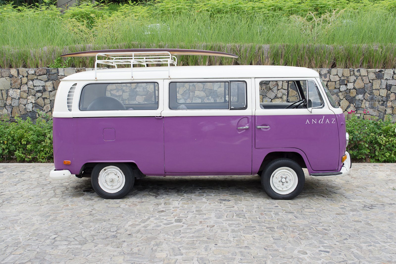 A purple VW van on the grass